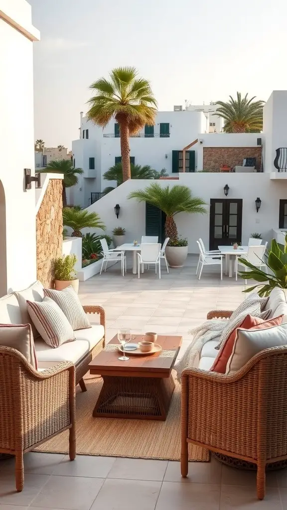 25+ Stunning Mediterranean Terrace Ideas for Your Home 13 Chic lounge area on a Mediterranean terrace with comfortable seating and palm trees.