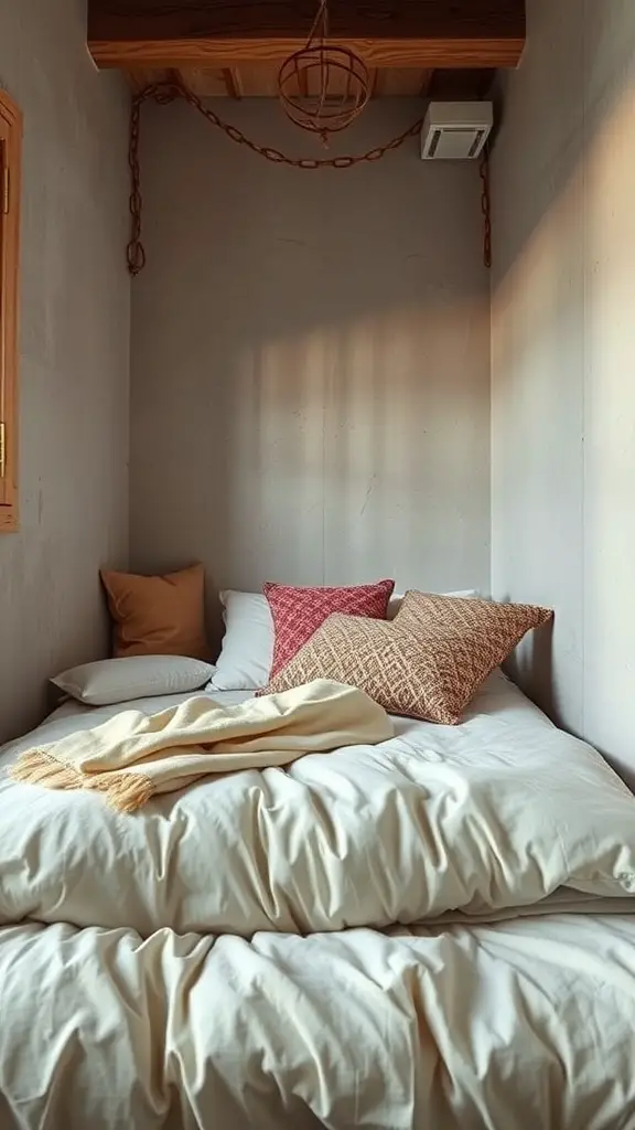 23+ Creative Small Long Bedroom Ideas for Stylish Spaces 10 Cozy small bedroom with layered textures on the bed and warm wood ceiling