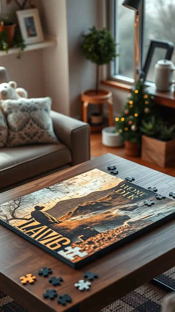 31+ Thoughtful Anniversary Gift Ideas for Every Couple 9 A personalized puzzle on a coffee table, with pieces scattered around, in a cozy living room setting.