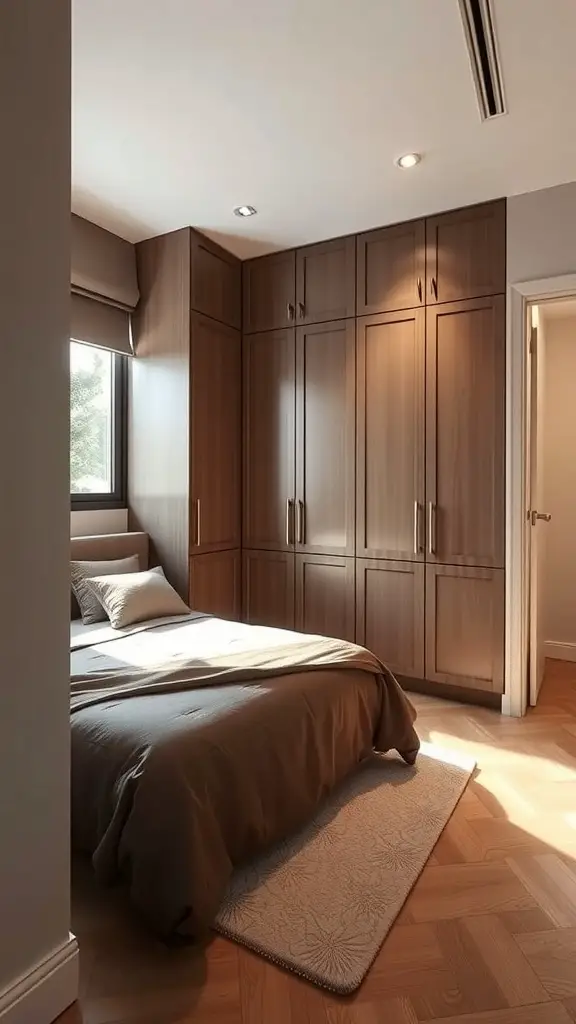 31+ Stylish Bedroom Ideas for Small Rooms 6 Cozy bedroom featuring a built-in wardrobe with wooden finish.