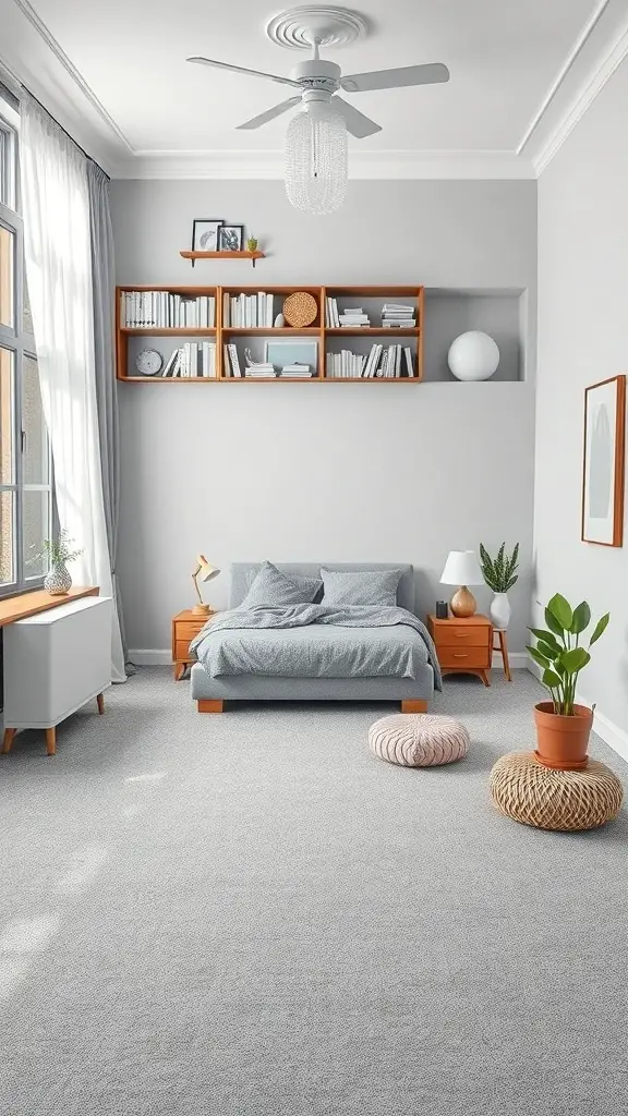23+ Stylish Grey Carpet Bedroom Ideas for a Cozy Retreat 10 A cozy bedroom featuring a soft grey carpet, light grey walls, and warm wooden furniture.