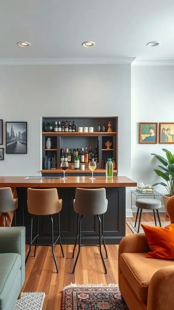 A stylish home bar setup in a family room featuring a wooden countertop, organized drink shelves, and comfortable seating.
