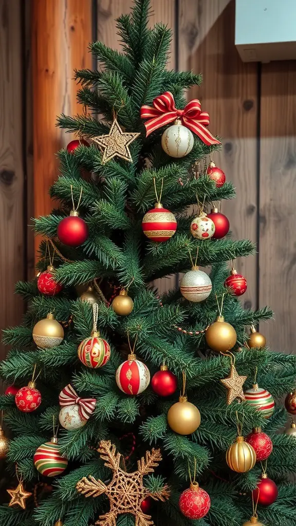 A beautifully decorated Christmas tree with red and gold ornaments, featuring a woodsy theme.