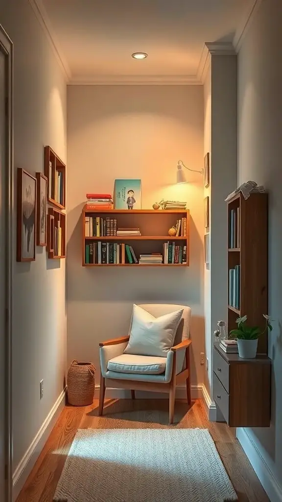 31+ Genius Narrow Bedroom Ideas to Maximize Space 2 Cozy reading nook in a narrow bedroom with a chair, bookshelf, and warm lighting.