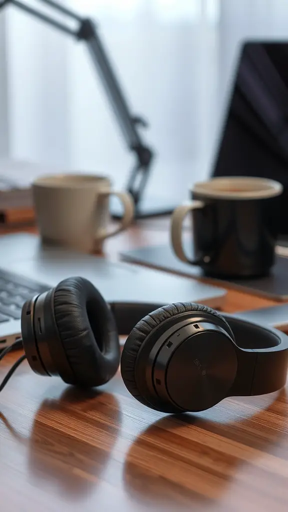 Wireless noise-canceling headphones on a wooden desk with a laptop and coffee cups