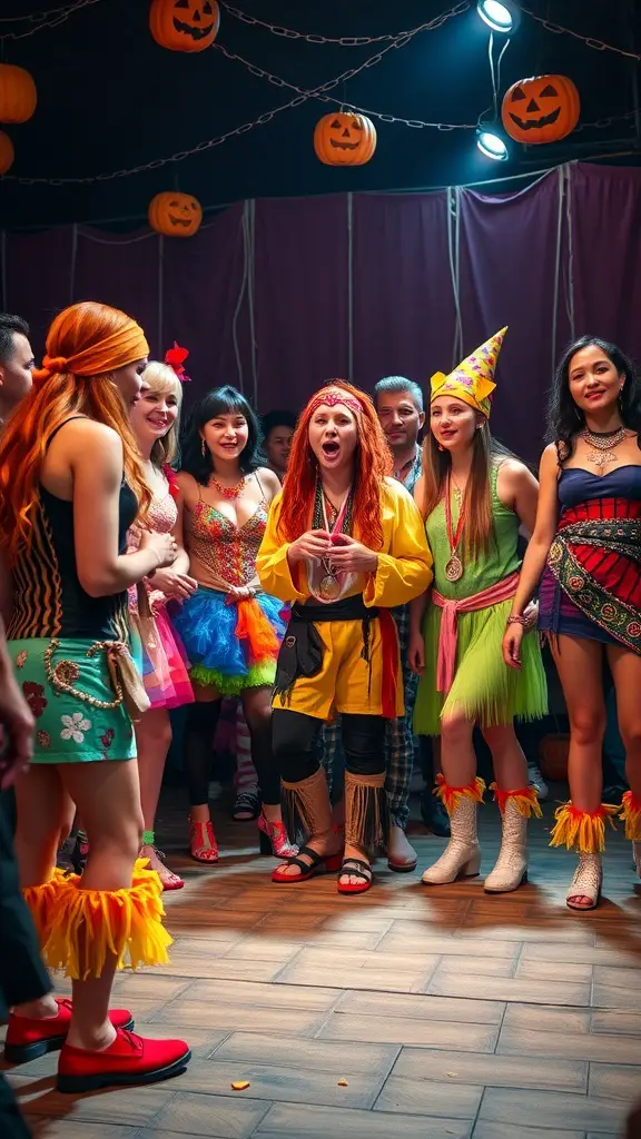 A lively costume contest featuring participants in colorful hippie outfits, surrounded by cheering spectators and Halloween decorations.