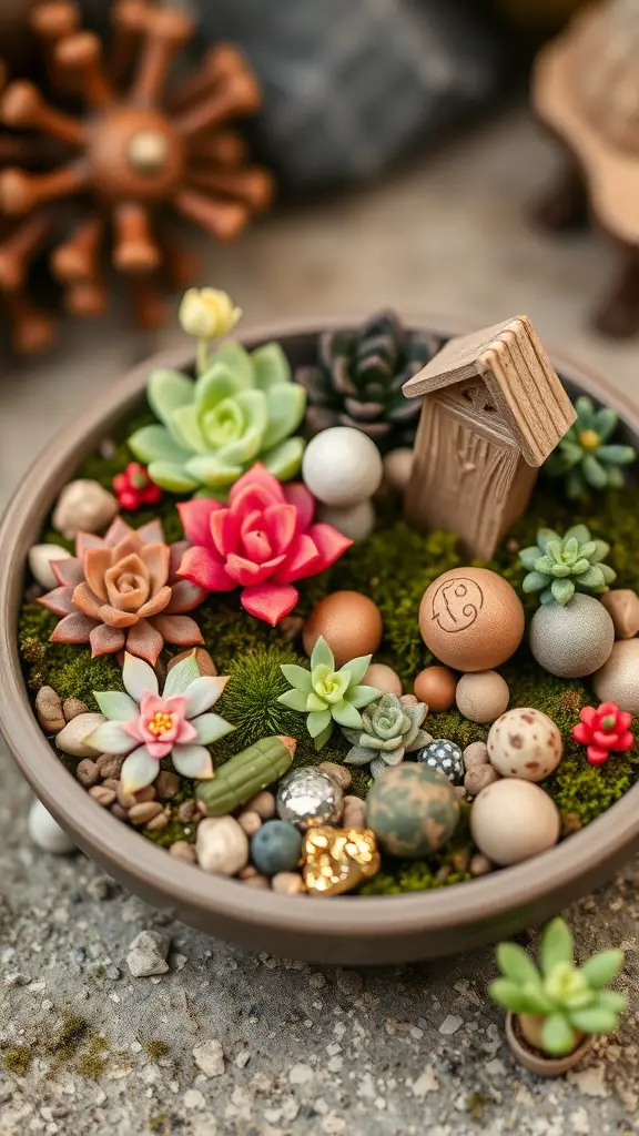 A colorful succulent fairy garden with various plants, decorative stones, and a tiny wooden house.