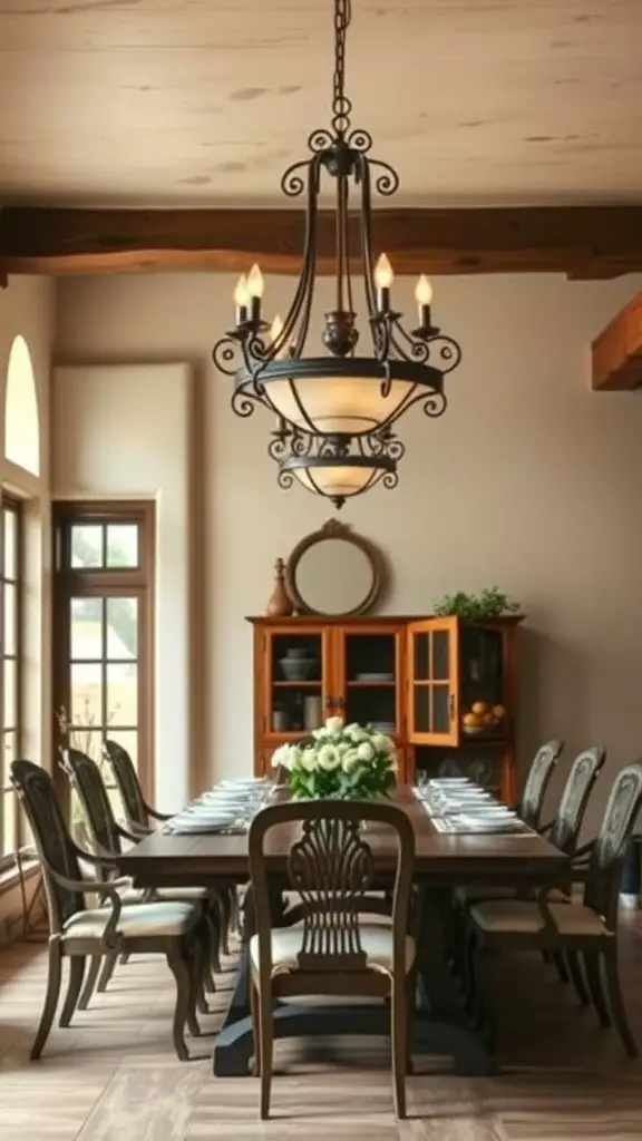 29+ Inspiring Spanish Revival Home Designs You’ll Love 11 A beautiful chandelier in a Spanish Revival dining room, showcasing intricate ironwork and soft lighting.