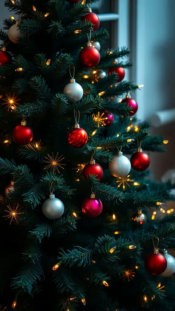 A beautifully decorated dark green Christmas tree with red and silver ornaments and warm lights.