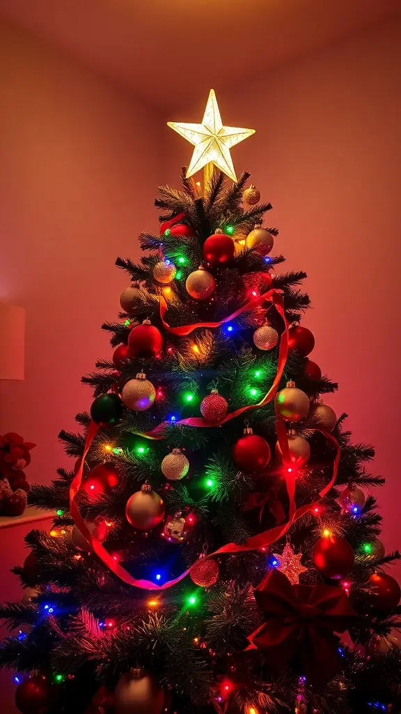 A beautifully decorated Christmas tree with a glowing star topper and colorful lights.
