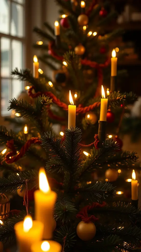 A retro Christmas tree decorated with candle lights, creating a warm and nostalgic atmosphere.