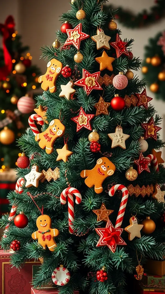A beautifully decorated Christmas tree with edible decorations like gingerbread cookies, candy canes, and colorful ornaments.