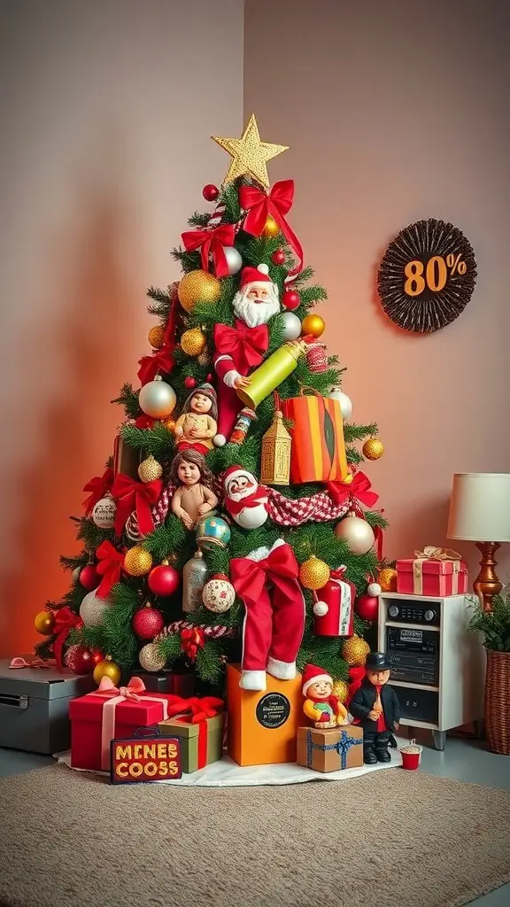A vibrant 80s themed Christmas tree with colorful ornaments, dolls, and gifts.