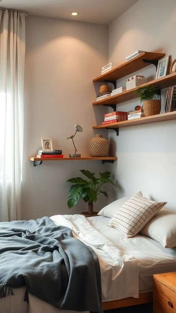 35+ Stunning Small Bedroom Interior Ideas for Cozy Spaces 9 Cozy small bedroom with wall-mounted shelves and a plant