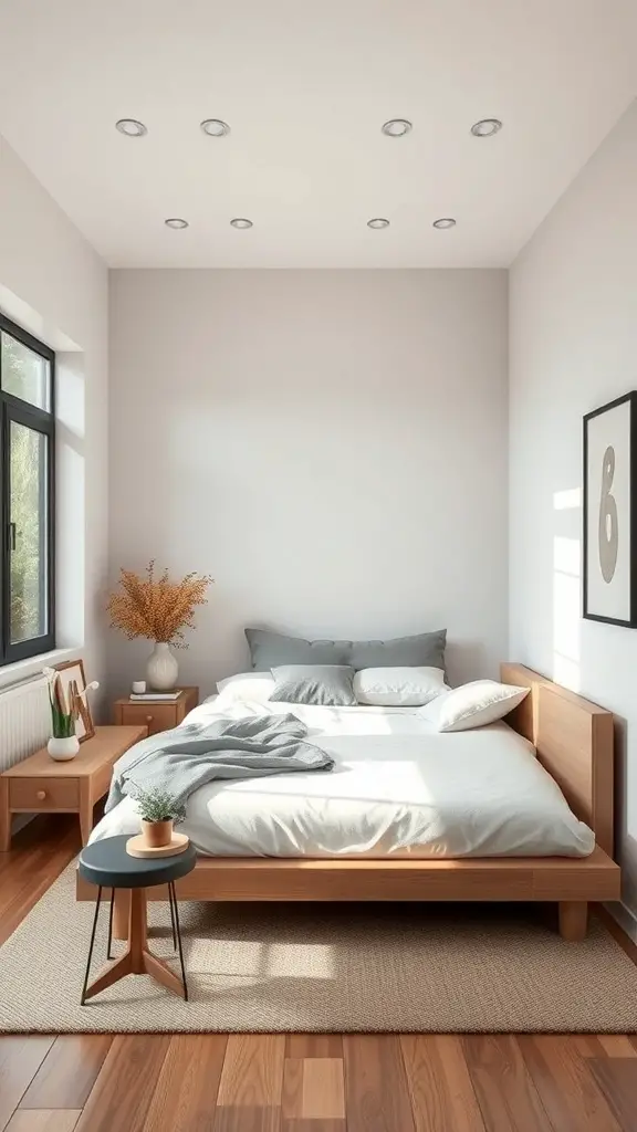 23+ Creative Small Long Bedroom Ideas for Stylish Spaces 2 A small long bedroom featuring a slim profile wooden bed with light bedding and a cozy atmosphere.