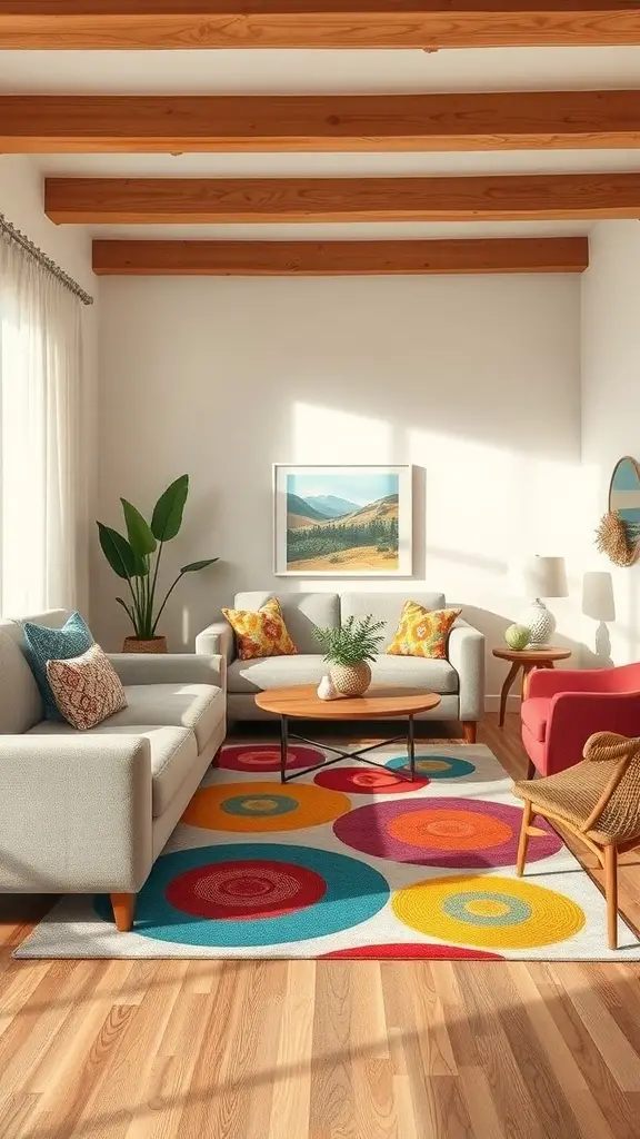 27+ Contemporary Rugs to Elevate Your Living Room Style 4 A living room with a colorful accent rug featuring bold circles, light-colored furniture, and wooden beams.