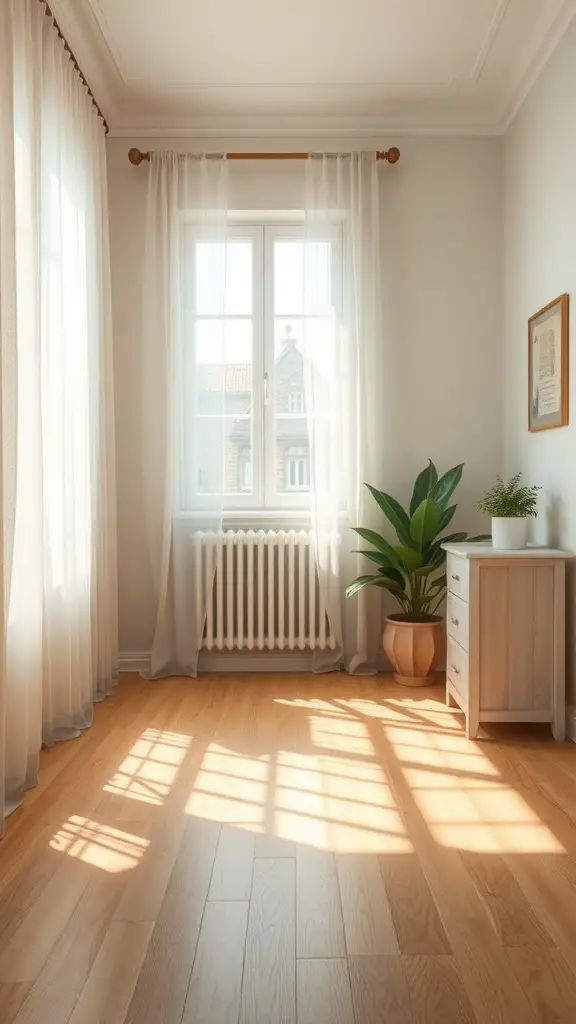 29+ Small Room Makeover Ideas to Maximize Space and Style 6 A bright and airy small room with light colors, wooden flooring, and a plant.