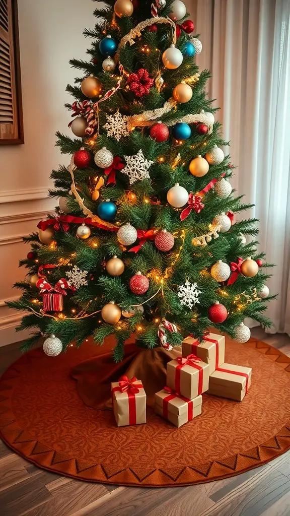 A beautifully decorated Christmas tree with a bronze skirt and wrapped gifts underneath.