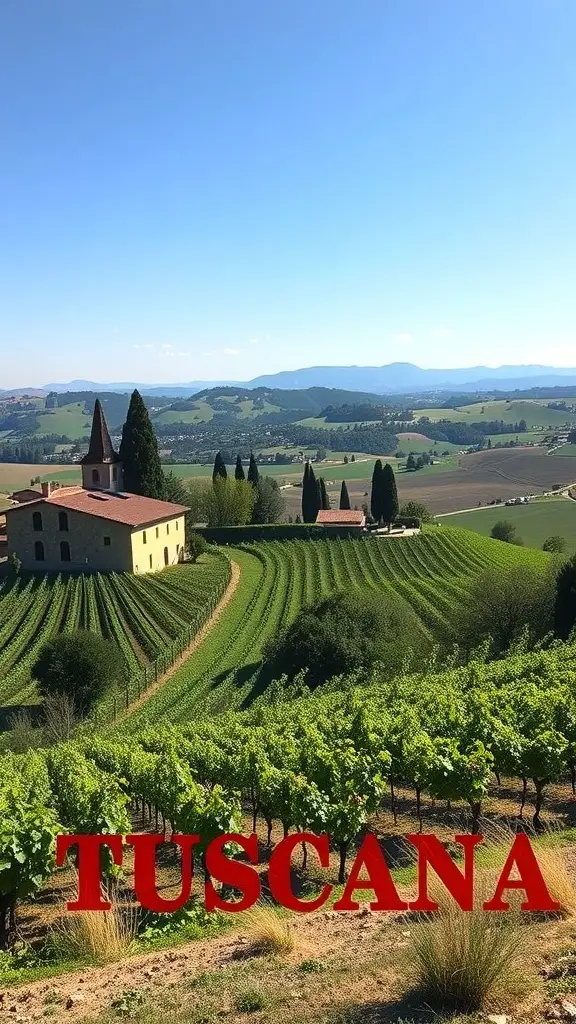 29+ Inspiring Tuscan Landscape Design Ideas You’ll Love 8 A scenic view of rolling hills and vineyards in Tuscany with a rustic building in the foreground.