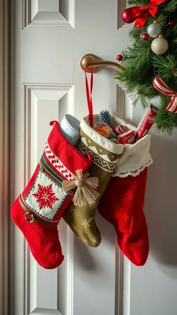 A display of vintage Christmas stockings hanging on a door handle, one red with a snowflake design and one gold with lace trim, filled with festive treats.