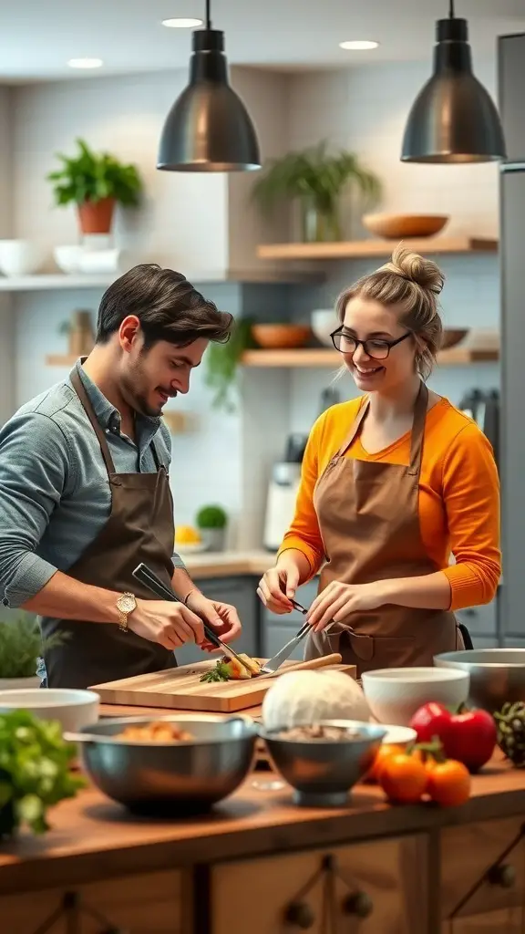 A couple enjoying a cooking class together, preparing ingredients in a modern kitchen.