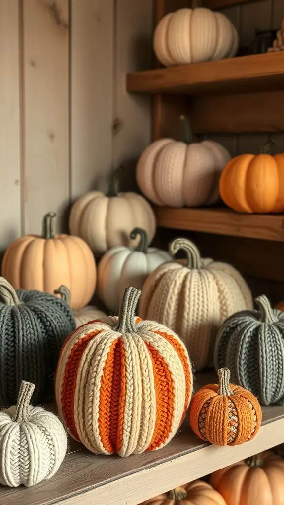 A collection of knitted pumpkins in various colors and sizes, displayed on wooden shelves.