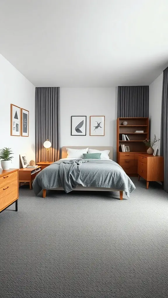 23+ Stylish Grey Carpet Bedroom Ideas for a Cozy Retreat 13 A minimalist bedroom featuring grey carpet, light walls, and wooden furniture.