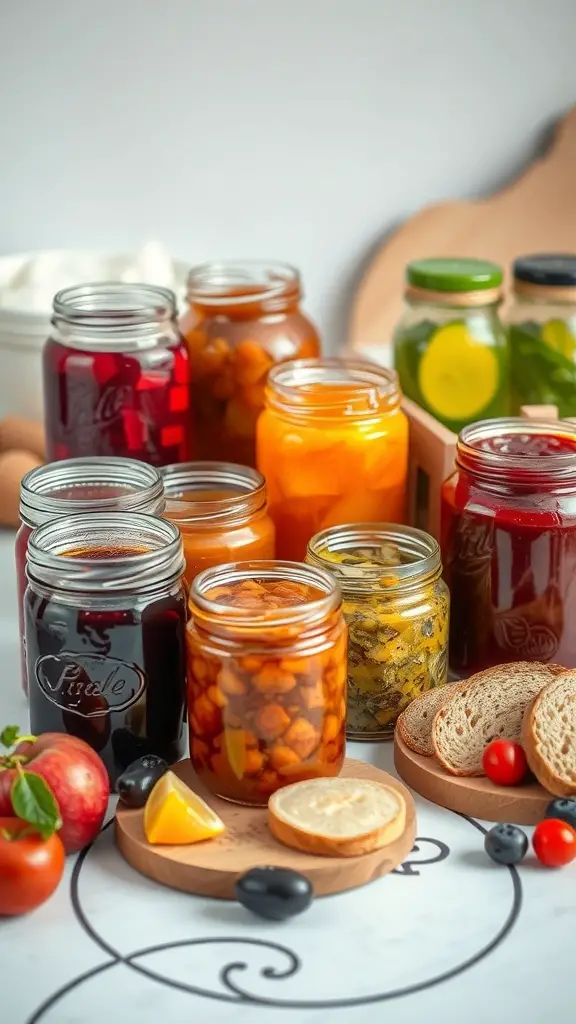 Colorful jars of homemade jams and preserves with fruits and bread