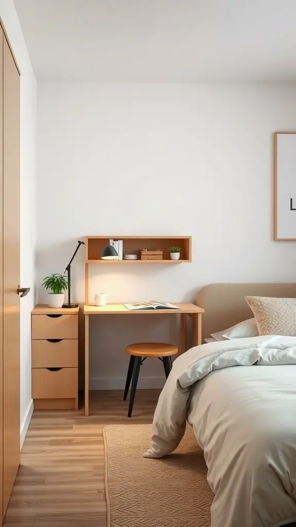 A small bedroom featuring a folding desk with a chair, a plant, and a lamp.