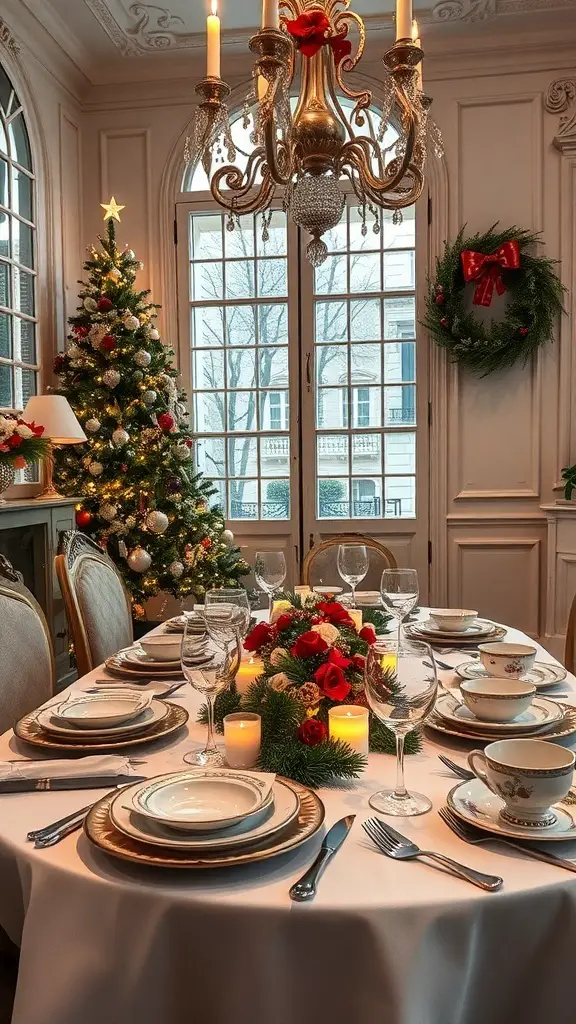 A beautifully decorated Christmas table setting in a Parisian dining room with a festive atmosphere.