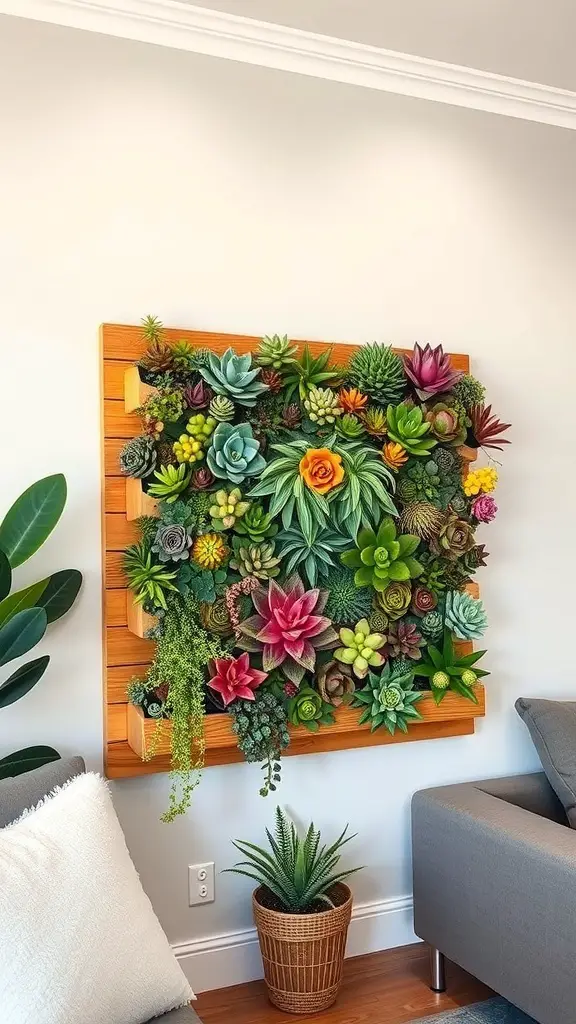 A vibrant succulent wall art display featuring various succulents in a wooden frame.