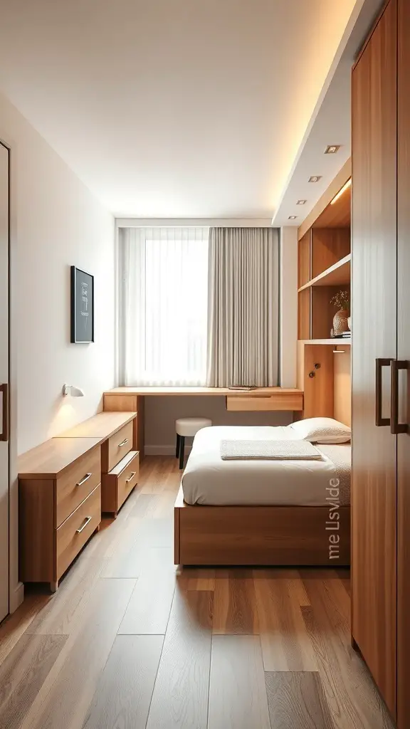 27+ Creative Long and Narrow Bedroom Ideas for Maximizing Space 2 A long and narrow bedroom featuring multi-functional furniture, including a bed with storage, a desk, and light wood tones.