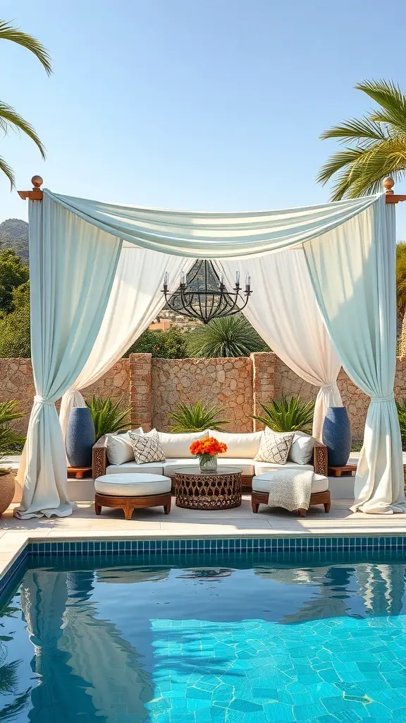 25+ Stunning Mediterranean Pool Designs to Enhance Your Outdoor Oasis 16 A stylish cabana by a Mediterranean pool with draped fabric, comfortable seating, and decorative plants.