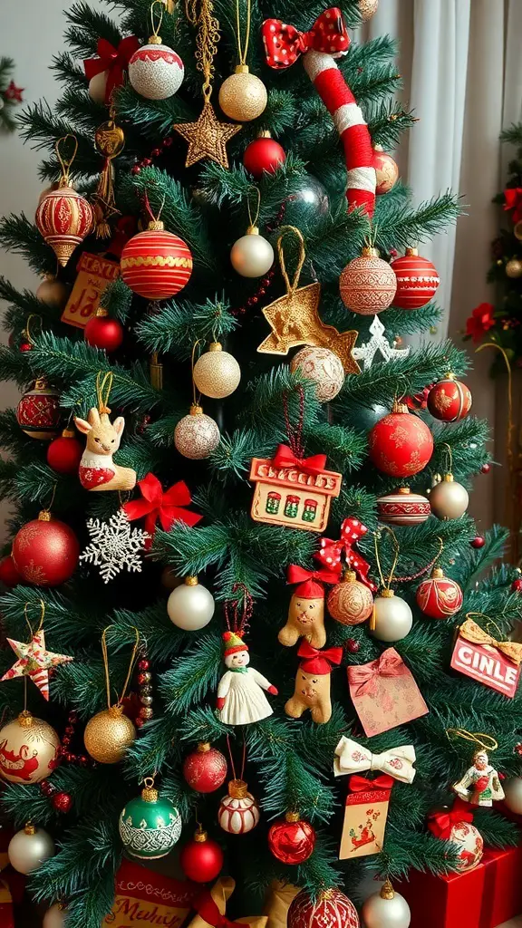 A beautifully decorated Christmas tree with red and gold ornaments, showcasing cultural heritage inspirations.