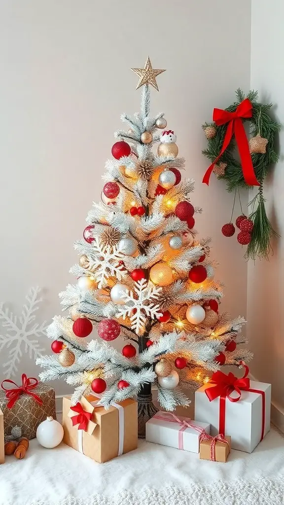 A beautifully decorated white Christmas tree with red and gold ornaments, surrounded by wrapped gifts and a matching wreath.