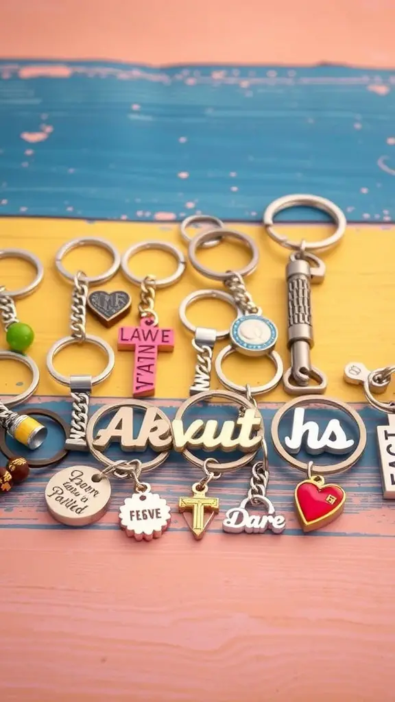 15 Unique Bridesmaid Gift Ideas to Show Your Appreciation 10 A variety of personalized keychains on a colorful background.