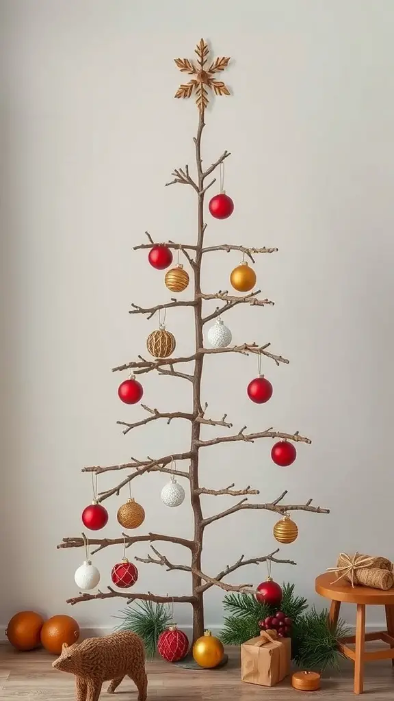 A wooden branch Christmas tree decorated with colorful ornaments and a snowflake on top.