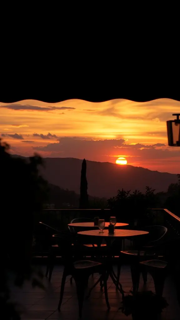 27+ Stunning Italian Terrace Ideas for Your Outdoor Escape 11 A sunset view from a terrace with a table and chairs, showcasing vibrant colors in the sky.