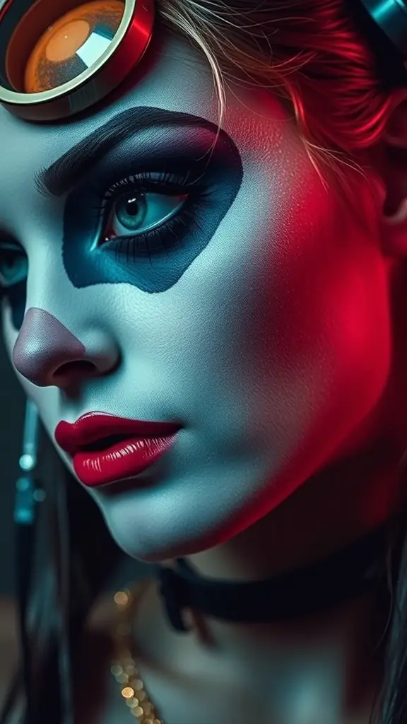 Close-up of a model with retro clown-inspired Halloween makeup, featuring bold colors and dramatic eye makeup.