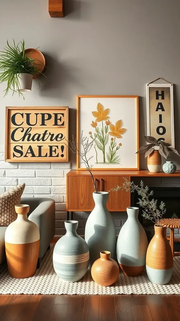 21+ Thoughtful Anniversary Gifts for Parents Celebrating 12 A collection of handcrafted vases and framed artwork in a cozy living room setting.