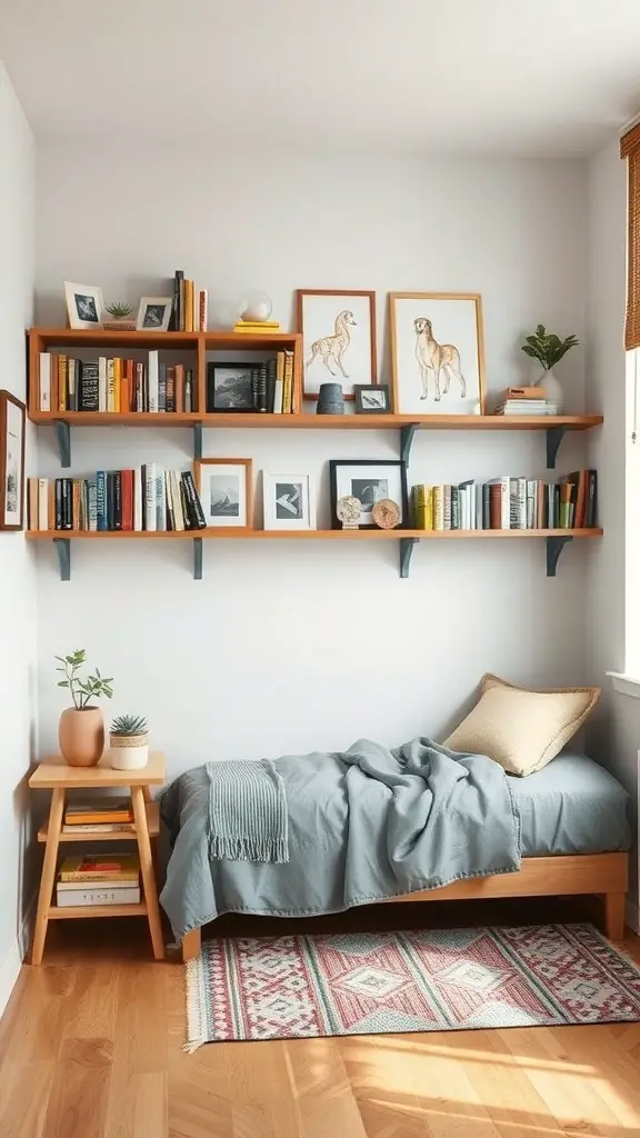 27+ Inspiring Small Bedroom Arrangement Ideas for Maximizing Space 2 A small bedroom featuring a bed, wooden shelves with books and decor, and a cozy rug.