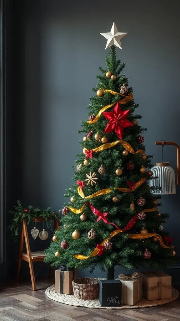 A beautifully decorated dark green Christmas tree with red ribbons, gold ornaments, and a star on top, surrounded by gifts.