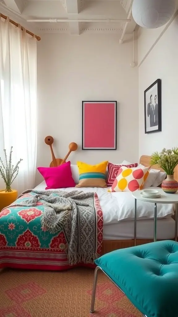 A small bedroom featuring colorful pillows, a patterned bedspread, and vibrant decor.
