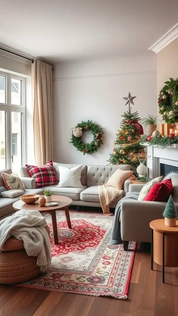 A cozy living room decorated for Christmas with layered textures and fabrics, featuring a Christmas tree, wreaths, and a vibrant area rug.