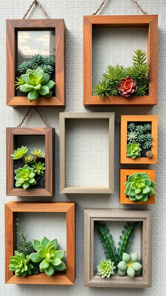 29+ Creative Succulent Pot Ideas You’ll Love 8 A collection of wooden frames containing various succulents, arranged as wall art.