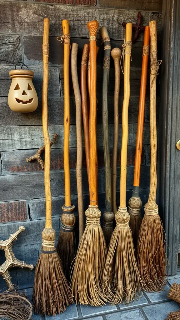 A collection of handmade witch's broomsticks displayed against a rustic wall, with a pumpkin lantern hanging nearby.
