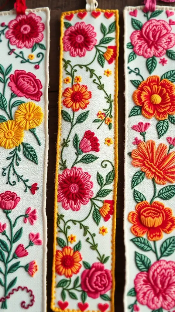 Three floral embroidered bookmarks with colorful flowers on a white background.