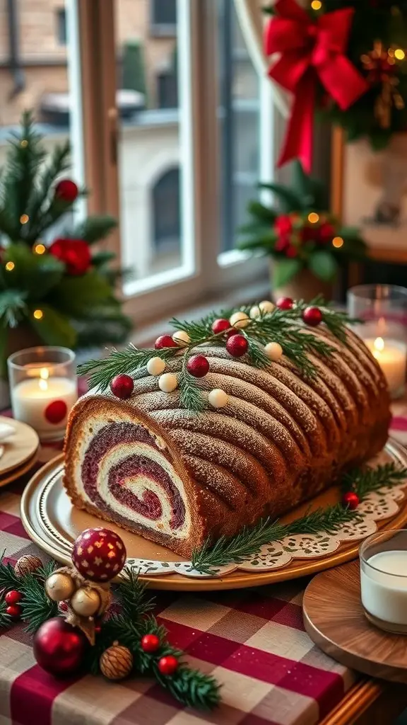 A traditional French Bûche de Noël displayed on a festive table with holiday decorations.