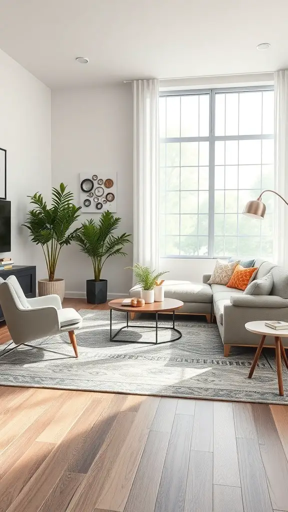 23+ Stunning Rug Design Ideas to Transform Your Space 13 A cozy living room with a transitional rug, light furniture, and plants.
