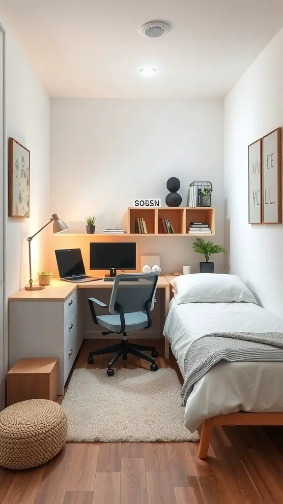 23+ Creative Small Long Bedroom Ideas for Stylish Spaces 7 A small bedroom featuring a corner workspace with a desk, chair, and shelves.